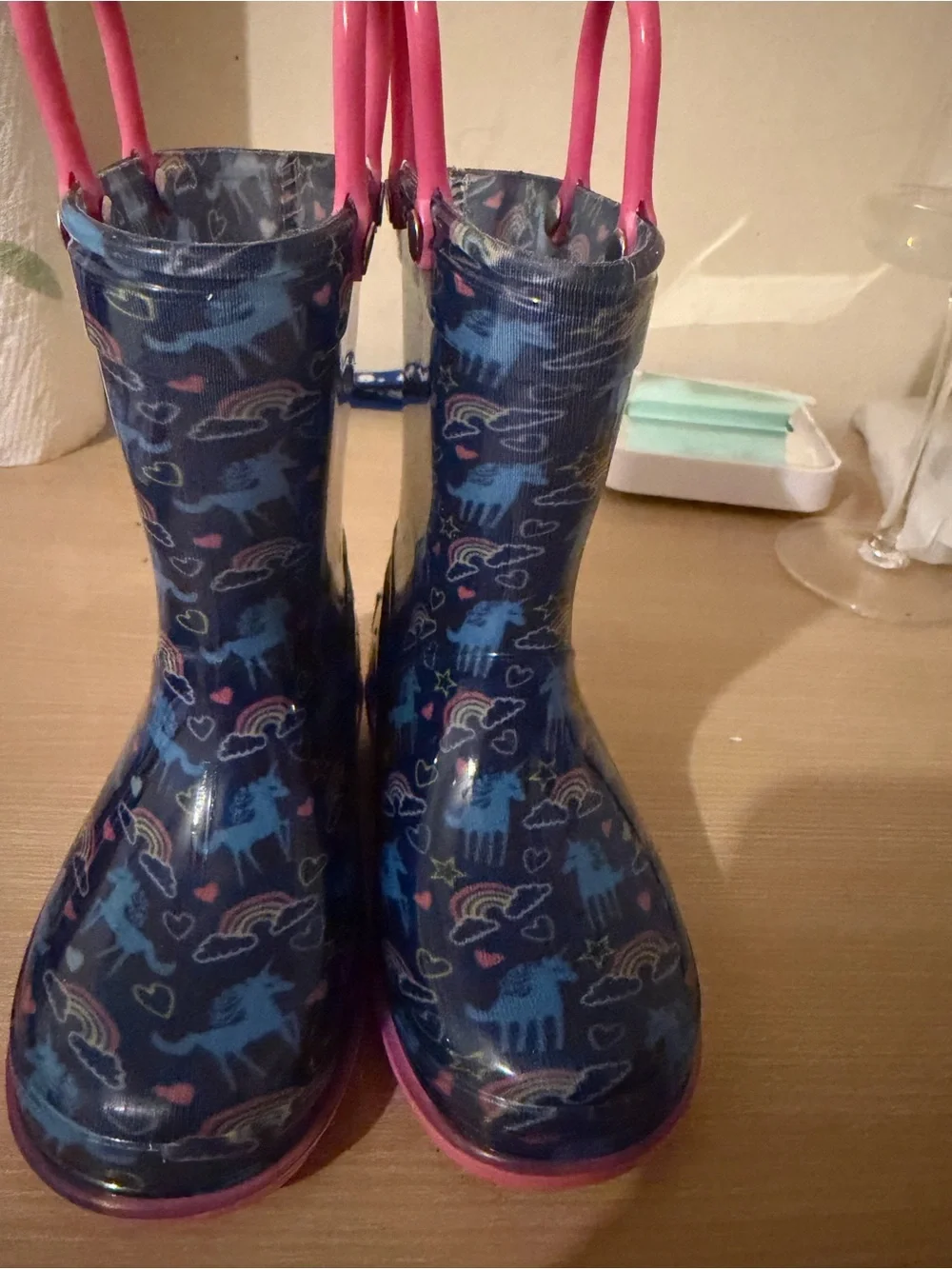 London Fog Navy Kids Rain Boots with Pink Handles and Soles